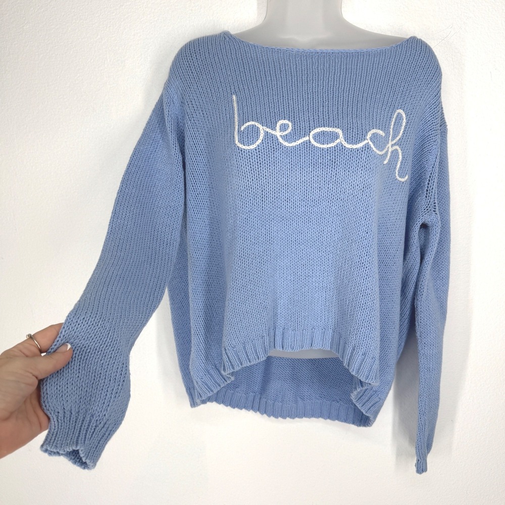 Wooden Ships Beach Embroidered Knit Sweater Blue Size M L Boat Neck Cotton Blend